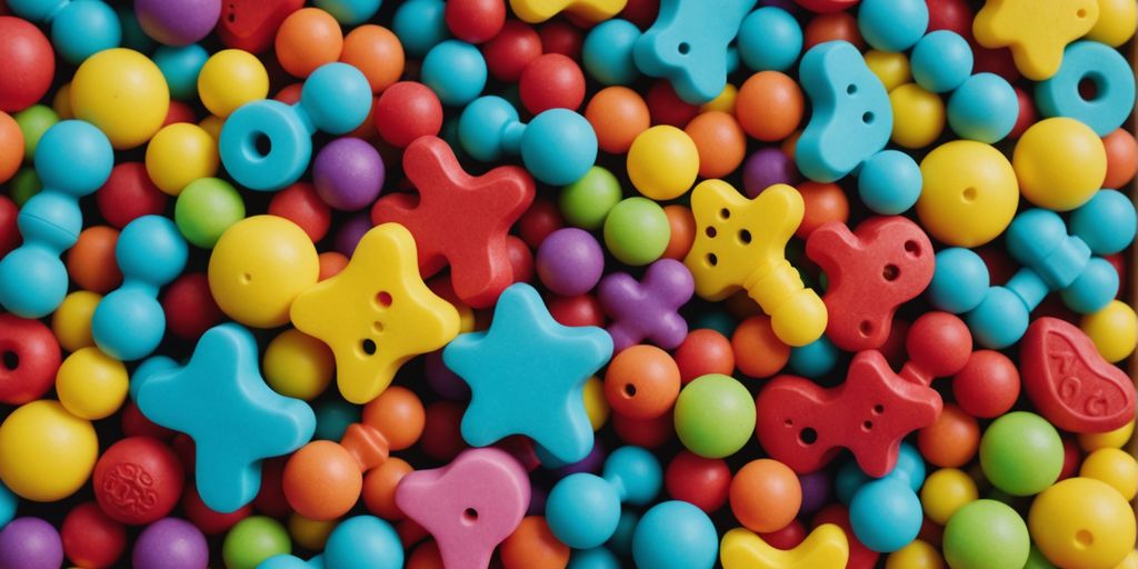 Various teething toys for babies in a fun layout.